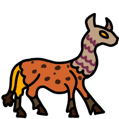 a questing beast, depicted as a creature with a long fluffy taupe neck, yellow eyes, pointy ears, an orange spotted body, brown hooves, and golden hindquarters with a lion tail.